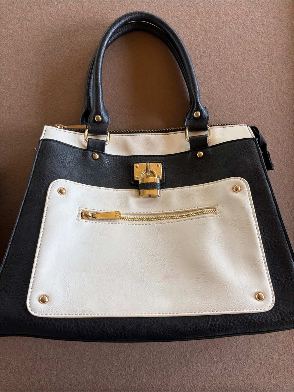 Charming Charlie Black and White Two-Tone Satchel with Gold Hardware